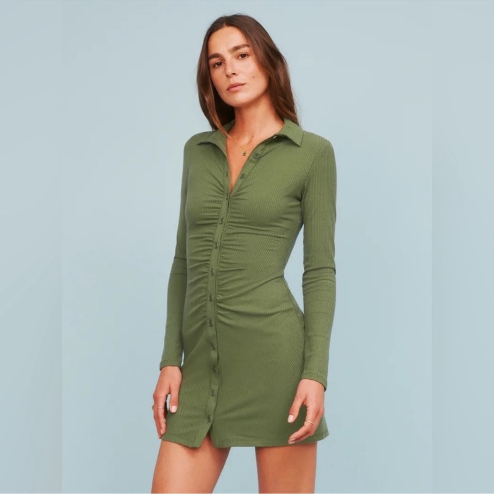 REFORMATION Amy hunter Greene ribbed stretch button front dress M - Picture 4 of 10